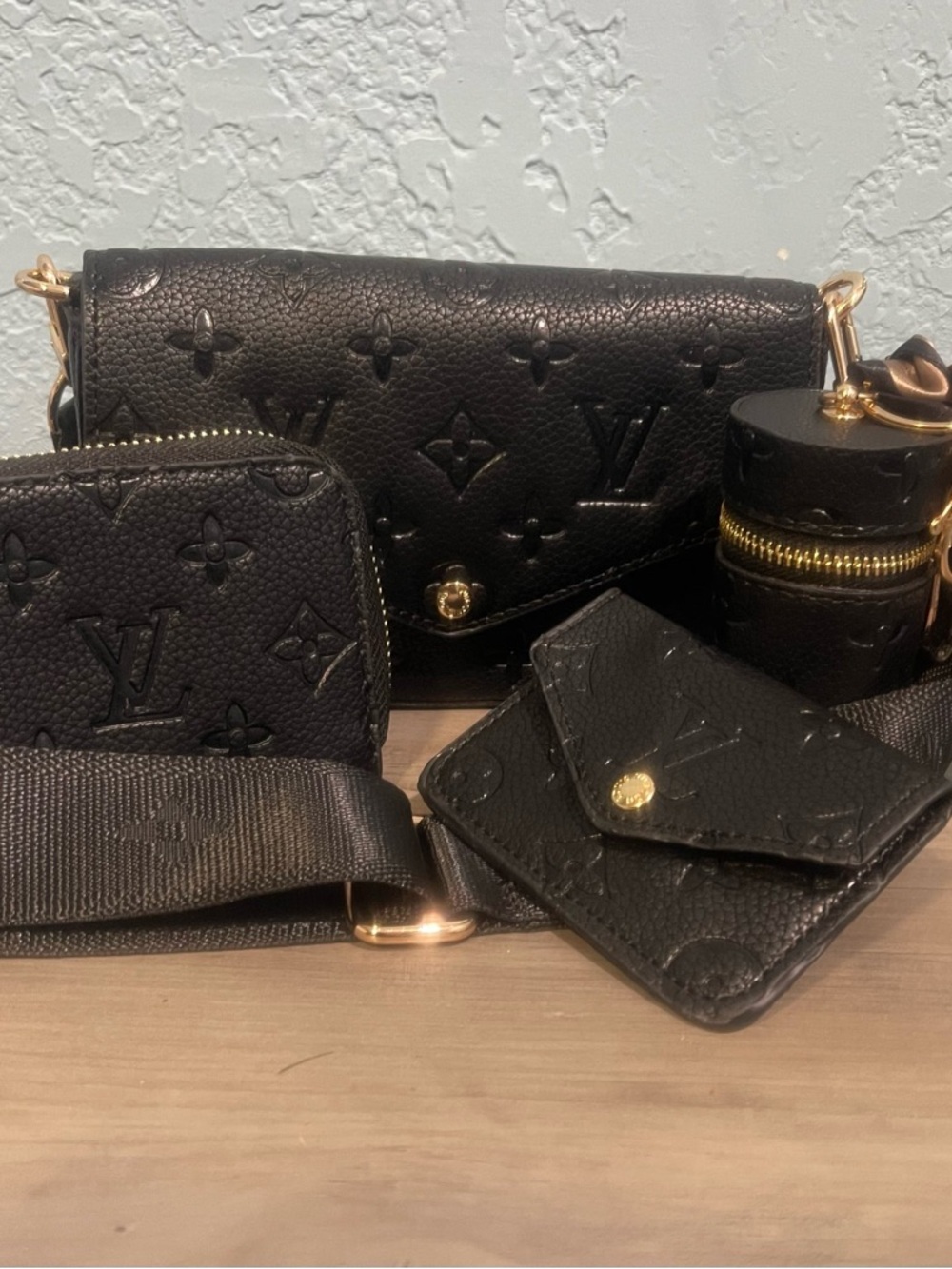 Luxury Black Embossed Crossbody Set - Monogram Detailing